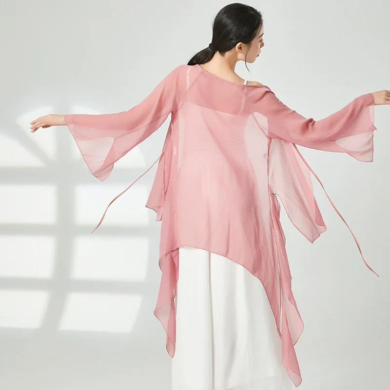 Long Sleeve Chiffon Cardigan Classical Dance Practice Clothes Loose Chinese Folk Dancer Stage Show Wear Transparent Flowy Dress