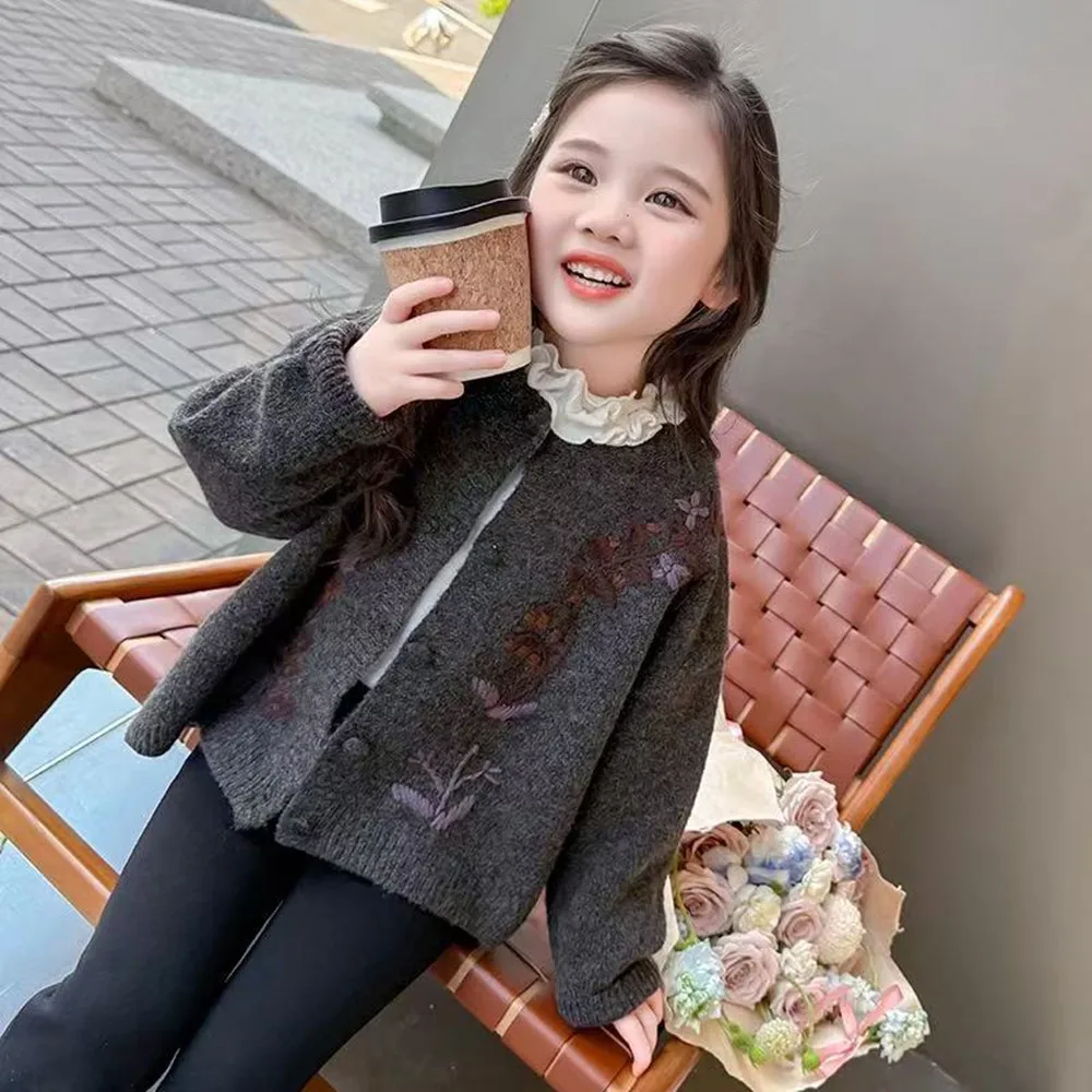 

Kids Retro Girls Sweater Cardigan Korean Fashion Knitwear for Toddler and Kids Spring Autumn 90-140cm