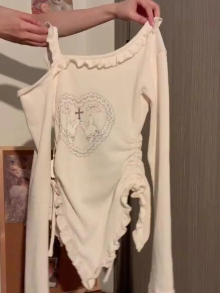 Deeptown Y2k Top Gossip Asymmentrical Neck Women Clothes Hotsweet Slim Fit T Shirt Spring Autumn Fashion Clothes 2024.