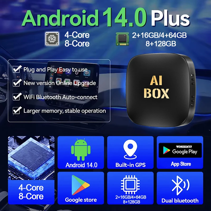 8-ядерный CarPlay Ai Box Android14, умная система, беспроводная CarPlay/Android Auto, 8 ГБ ОЗУ + 128 ГБ ПЗУ для Youtube Nexflit Plug and Play