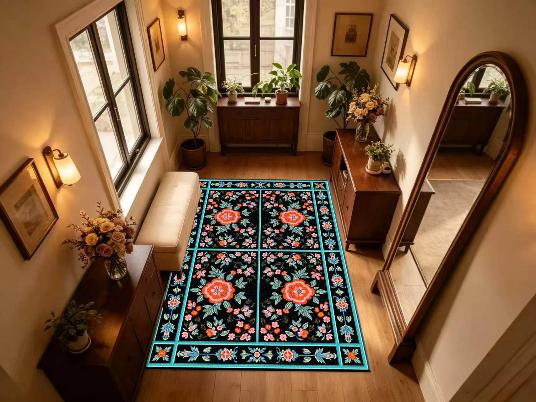 Black Background Bright Orange Floral Tile Carpet Flooring Retro Square Flower Leaf Seamless Pattern Floor Rug Folk Style Household Decor Mat