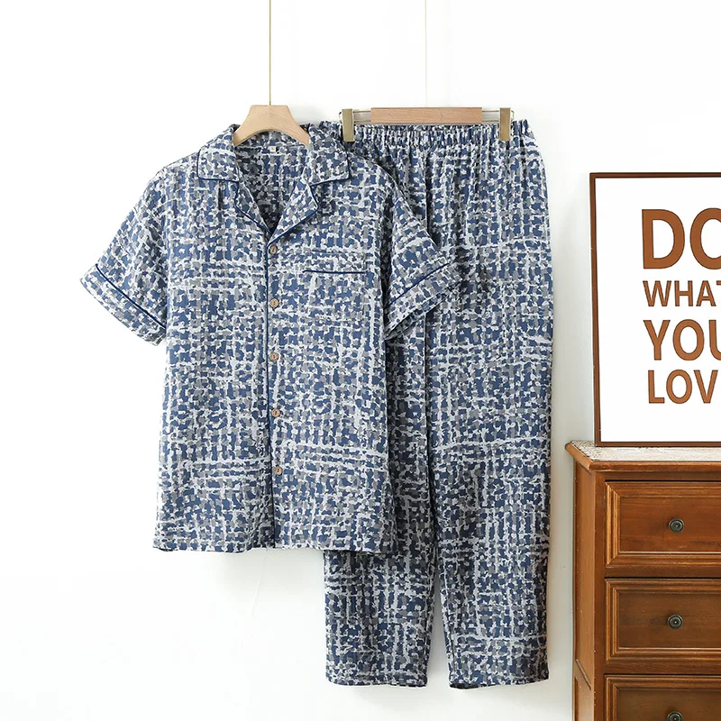 Two Piece Sets Men's Pajamas Summer Floral Short Sleeve Sleepwear Cotton Pyjama Set Man Nightwear Pijama Home Clothes