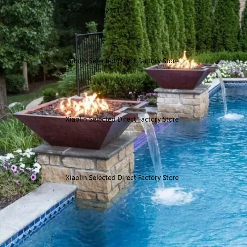 Outdoor Firepit with Water Feature Low Smoke Square Corten Steel Fire Pit for Swimming Pool