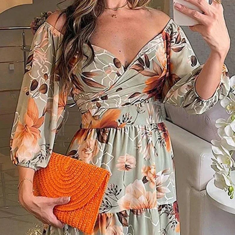 Vestido de fiesta largo plisado con estampado Floral para mujer, de manga larga maxivestido ahuecado, cuello en V, cintura alta, Primavera, Otoño, 2024