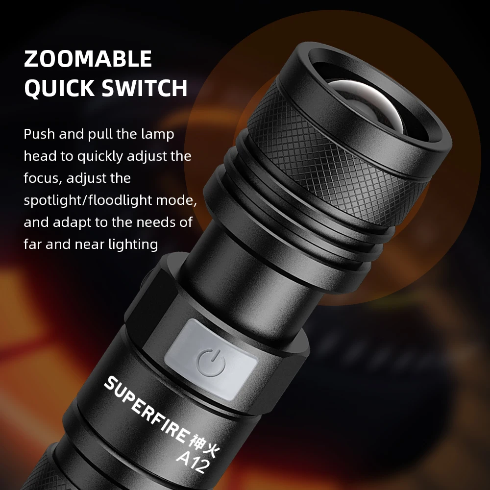 SuperFire A12 High power led flashlight 15W Zoom Portable Torch 200m Long Range Rechargeable usb-c Camping Fishing Lantern