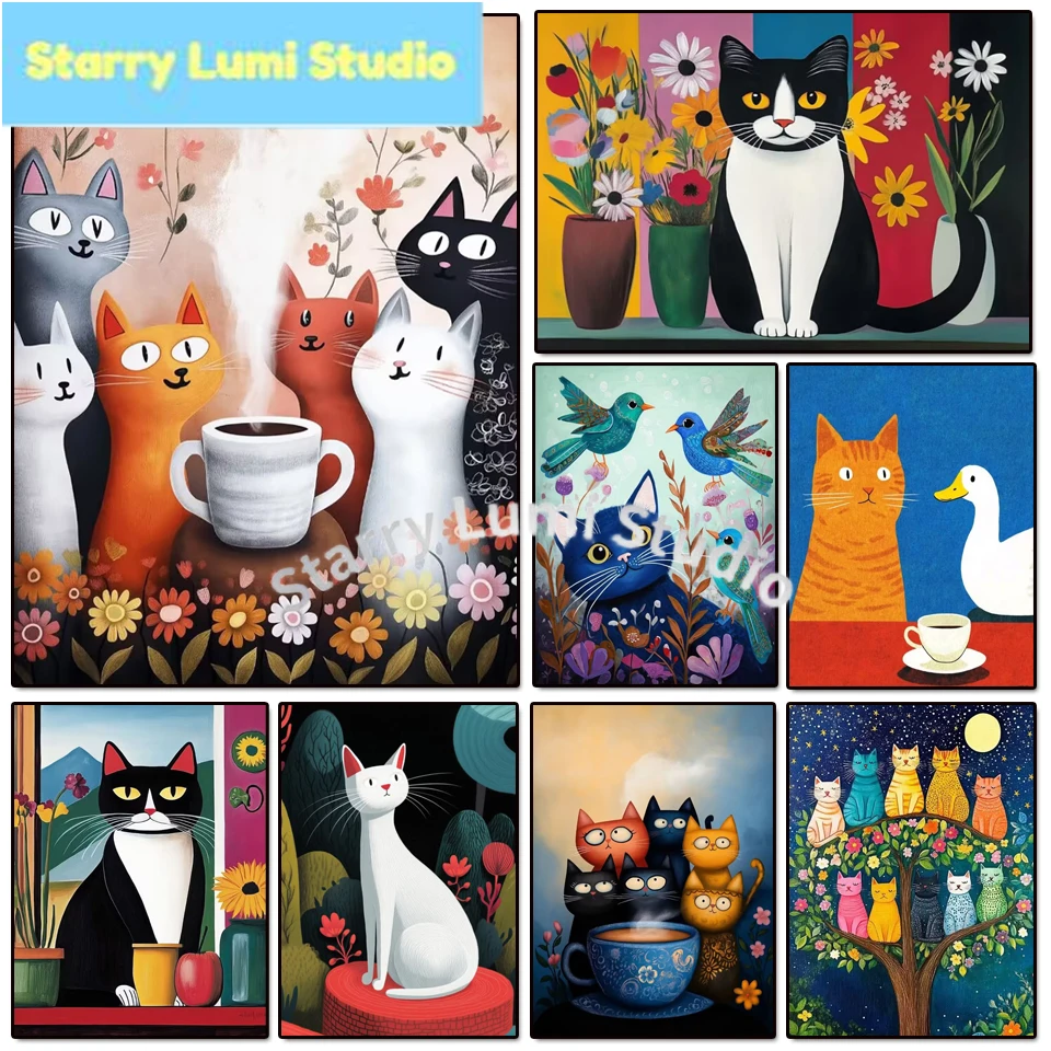 

Алмазная мозаика DIY: Абстрактный мультяшный кот, круглые и квадратные стразы, декор для дома, ручная работа, вышивка, подарок