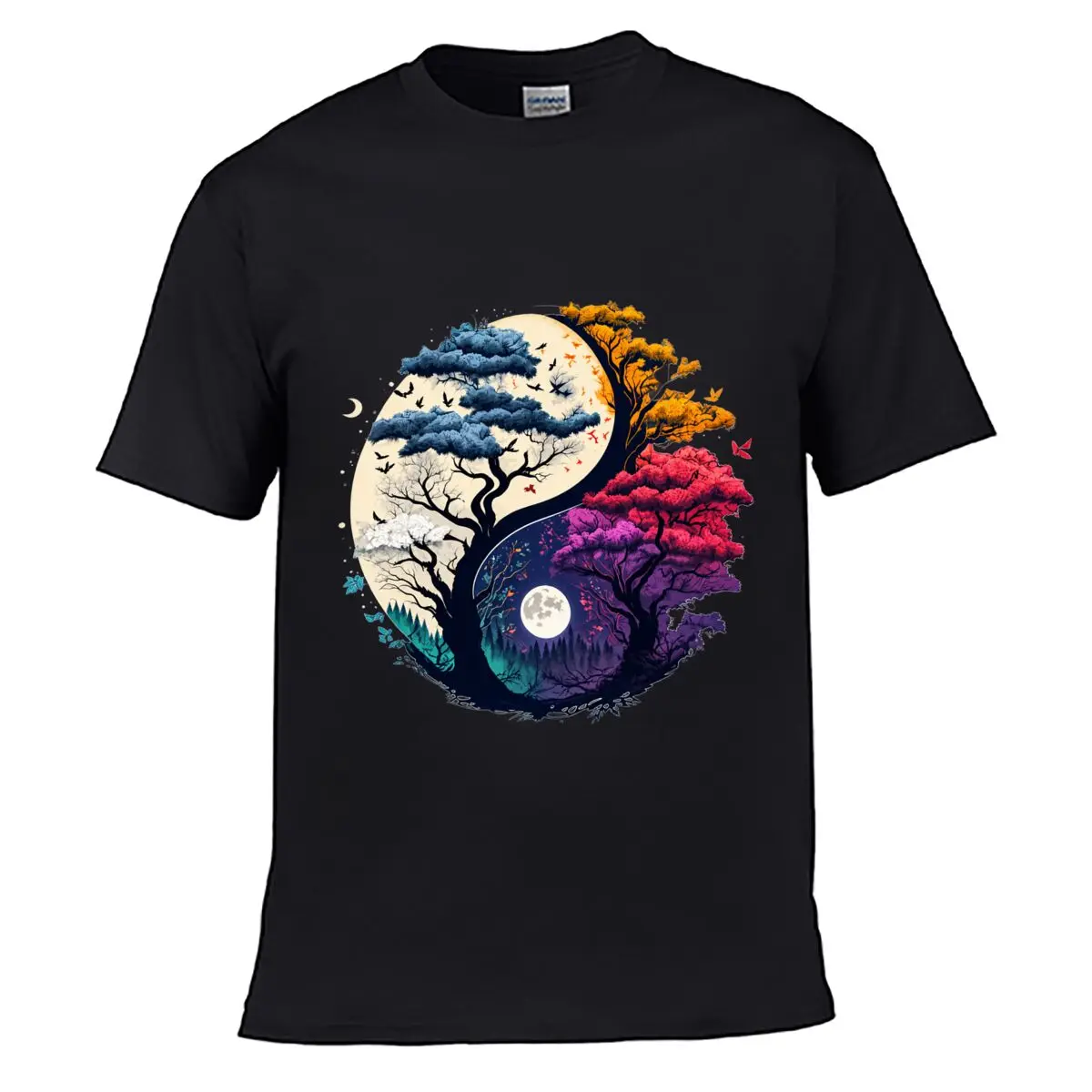 Tree Of Life Four Seasons Moon Birds Nature Graphic Loose T-shirt Casual Tee