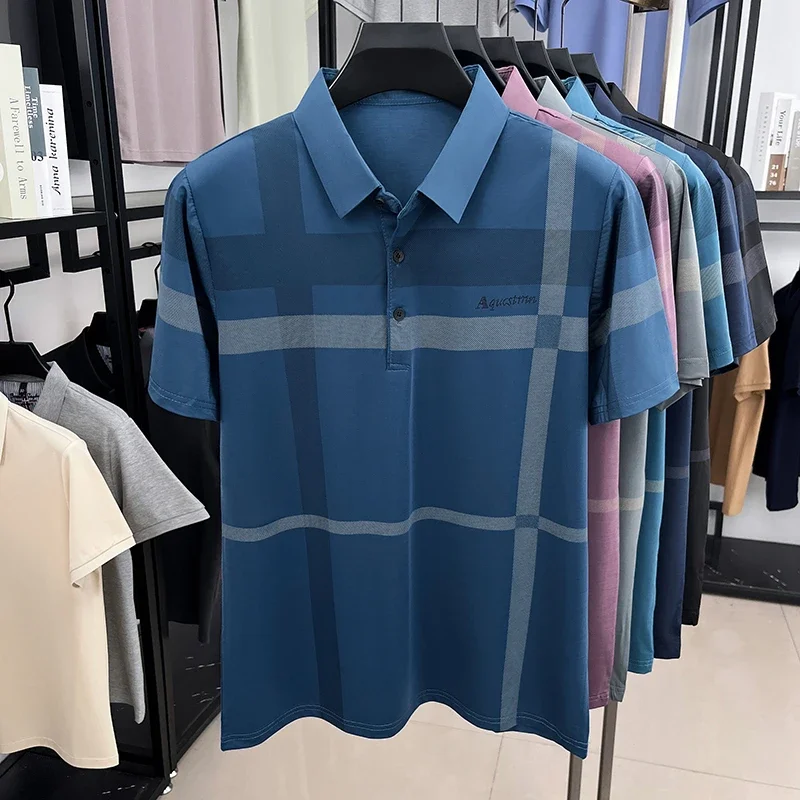 Summer Men's Casual Geometric Line Polo Shirt Cool Breathable Fabric With Logo Detail Short Sleeve Business Top