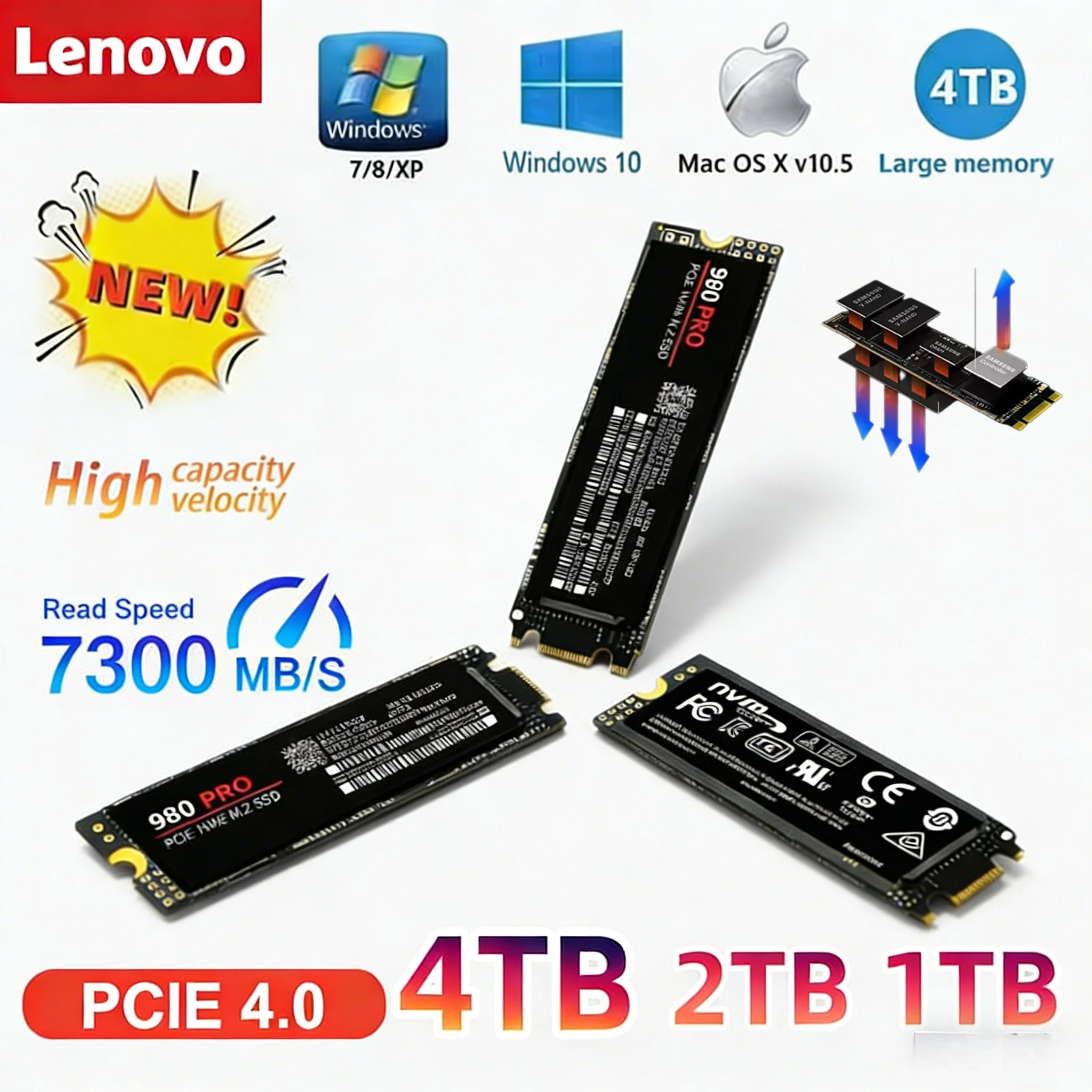 

Lenovo 980Pro/990Pro M.2 NVMe PCIe 4.0 Internal SSD 1TB 2TB 4TB Up to 7400MB/s High-Speed Storage for Laptop & Desktop PC
