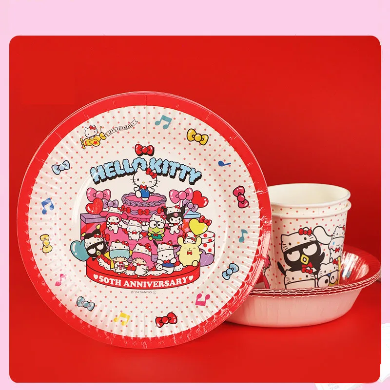 Kawaii Hello Kitty Children's Birthday Disposable Tableware Anime Sanrio Girl's Heart Cute Party Picnic Paper Cups Paper Plates