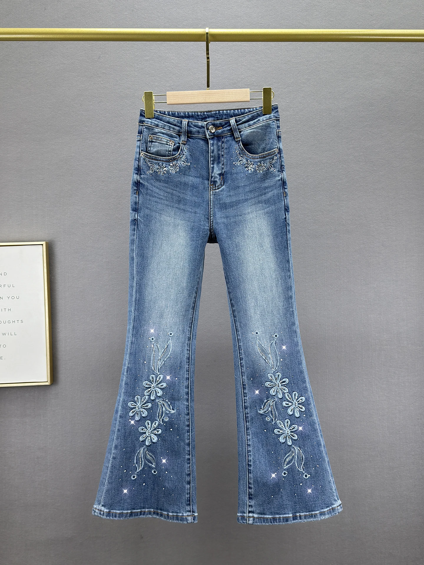 High Waist Slim Fit Retro Embroidered White Rhinestone Denim Bell Bottom Pants for Women Spring Summer New Style Casual Cotto...