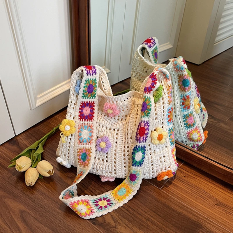 Gestrickte Umhängetasche für Damen, gehäkelte Tragetasche, große Kapazität, modische Handtasche, gewebte Umhängetasche, Outdoor-Reisetasche