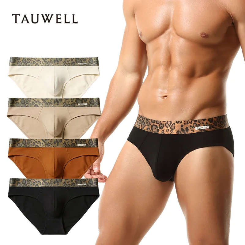 Men's Low-Rise Briefs with Leopard Waistband U Convex Pouch Stretchable Breathable Underwear Male Comfort Boxer Shorts