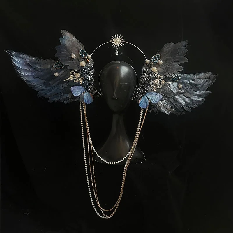 Angel Feather Wings Exaggerated Headdress Color Hair Accessories Catwalk Makeup Styling Virgin Aura Ring Pearl Performance