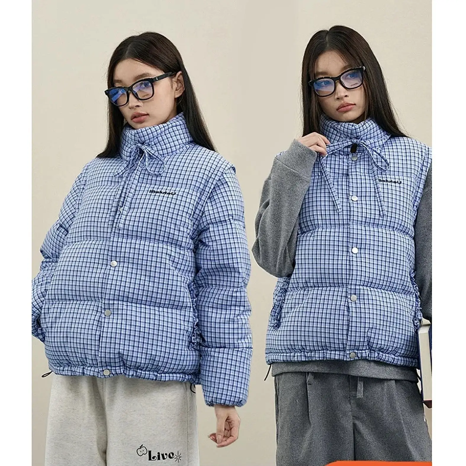

Women's Standing Collar Blue Plaid Detachable Jacket Autumn Young Girl 90s Vintage Female Casual Vintage Thin Sleeveless Coat