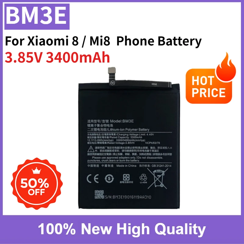 

100% New BM3E 3.85V 3400mAh Replaceable Battery For Xiaomi 8 / Mi8 Mobile Phone Battery High Capacity