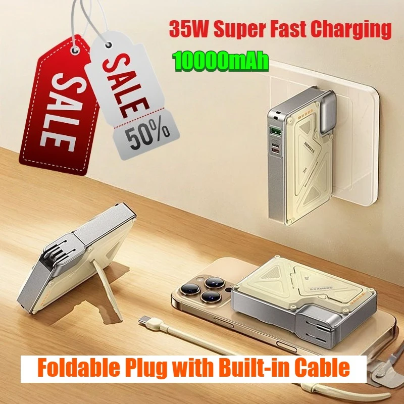 35W 10000mAh Fast Charging Power Bank with Built-in Cable Plug & Stand 3C Certified