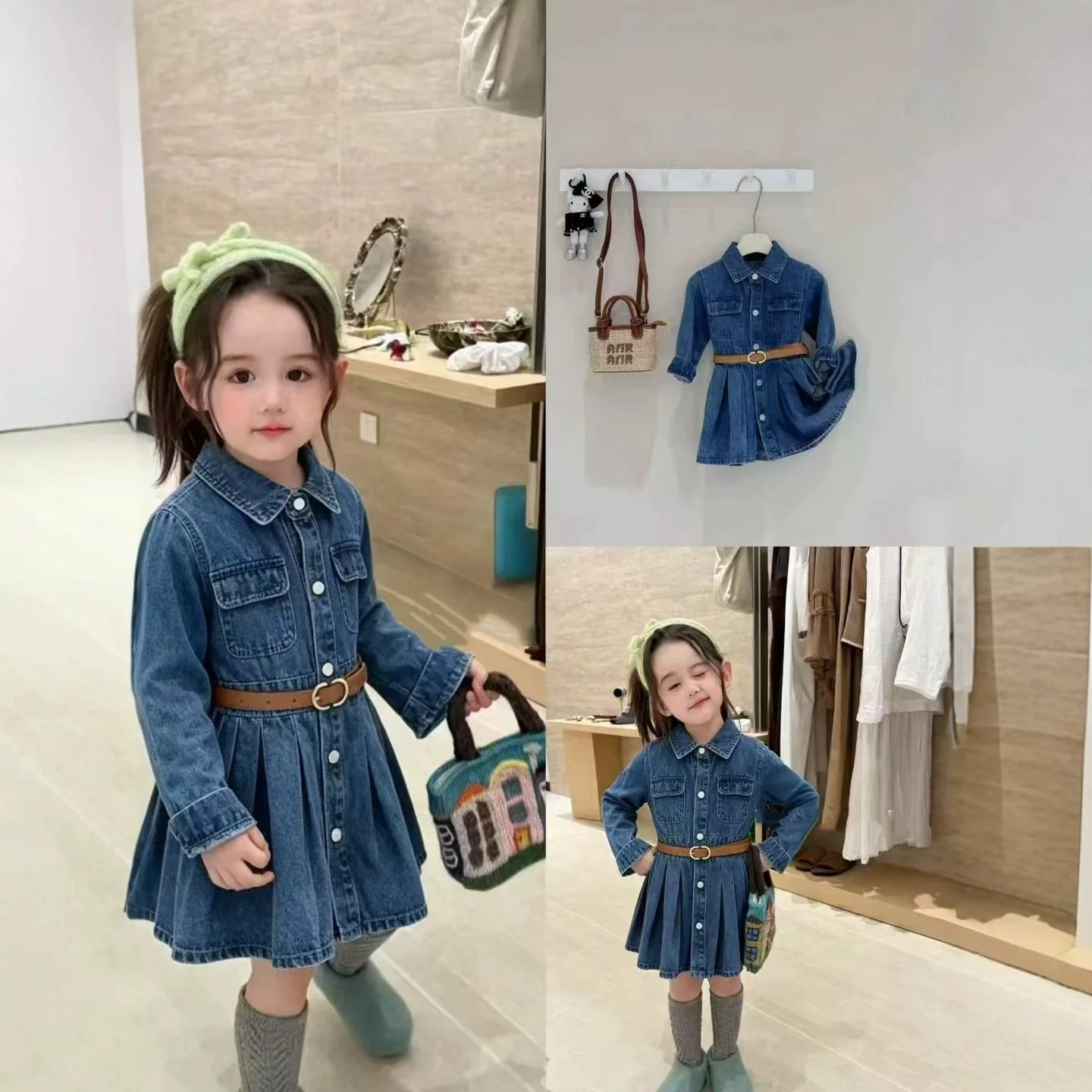 RAISE Autumn Children Girls Denim Dress Turn Down Collar Kids Babys Girls Long Sleeve Dress with Belt Toddler Girls Casual Dress
