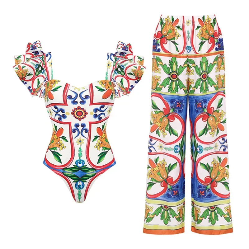 New shoulder lotus leaf  printed one-piece swimsuit set skirt