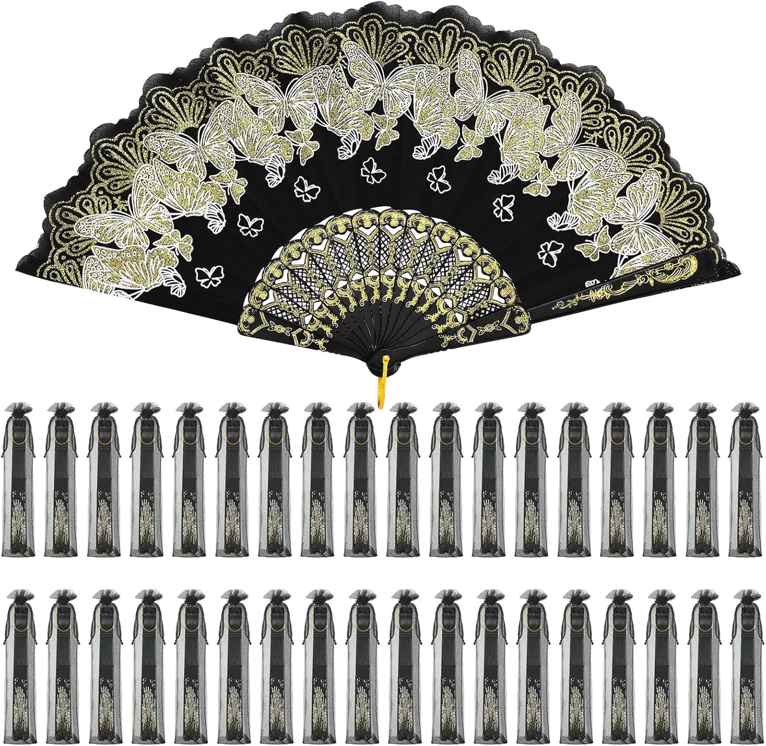 

50 Pcs Hand Lace Foldable Fans Bulk for Women with Organza Bag Lace Folded Hand European Retro Fan Bridal Dancing Prop Wedding