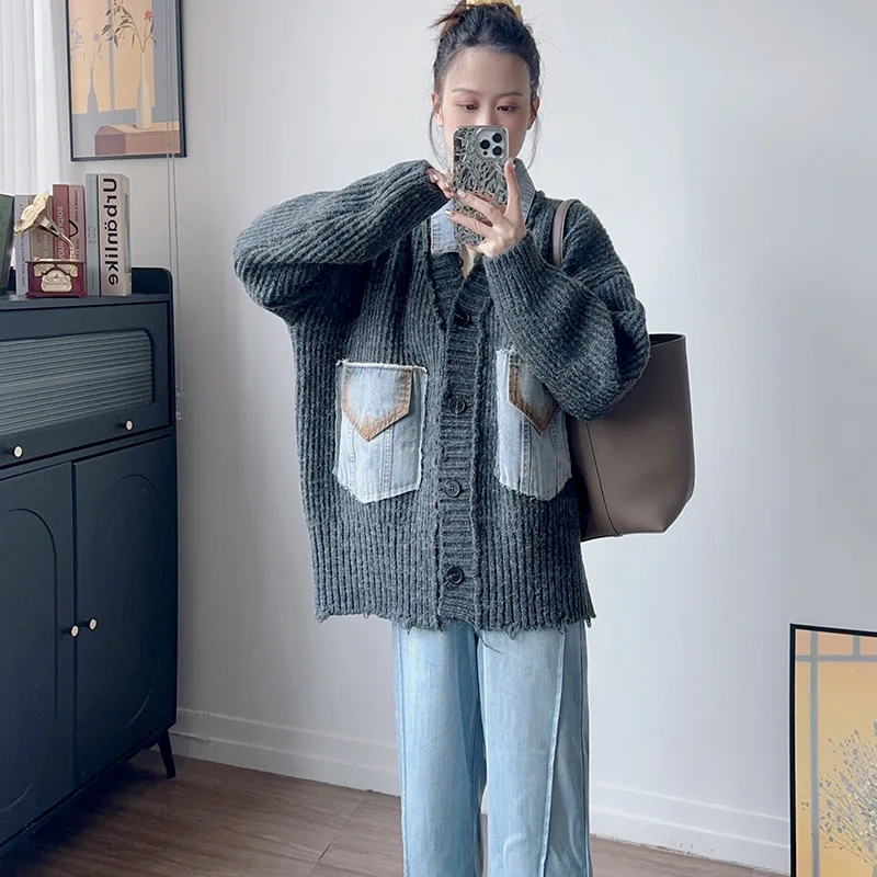 Coats Women Cardigan Sweaters Full Sleeve Jumpers Y2k Streetwear Elegant Splice Denim Open Stith Casual Loose Autumn Winter