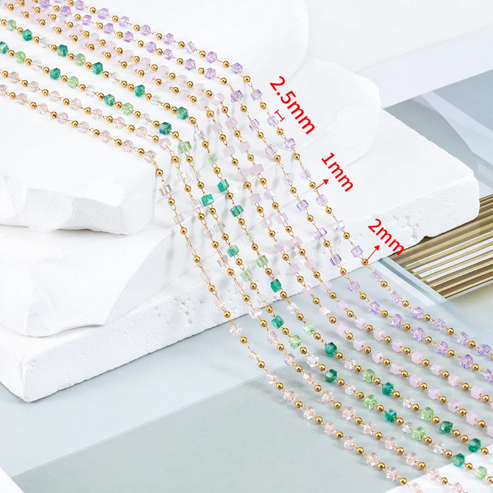 1Meter Stainless Steel Chain Boho Colorful Cube Square Crystal Beads Chain for DIY Necklaces Bracelets Holiday Jewelry Making