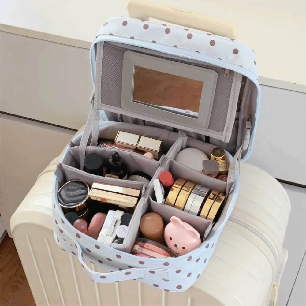 Polka Dot Handheld Makeup Bags Foldable Multi-Partition Toiletry Pouch Portable with Mirror Cosmetics Organizer