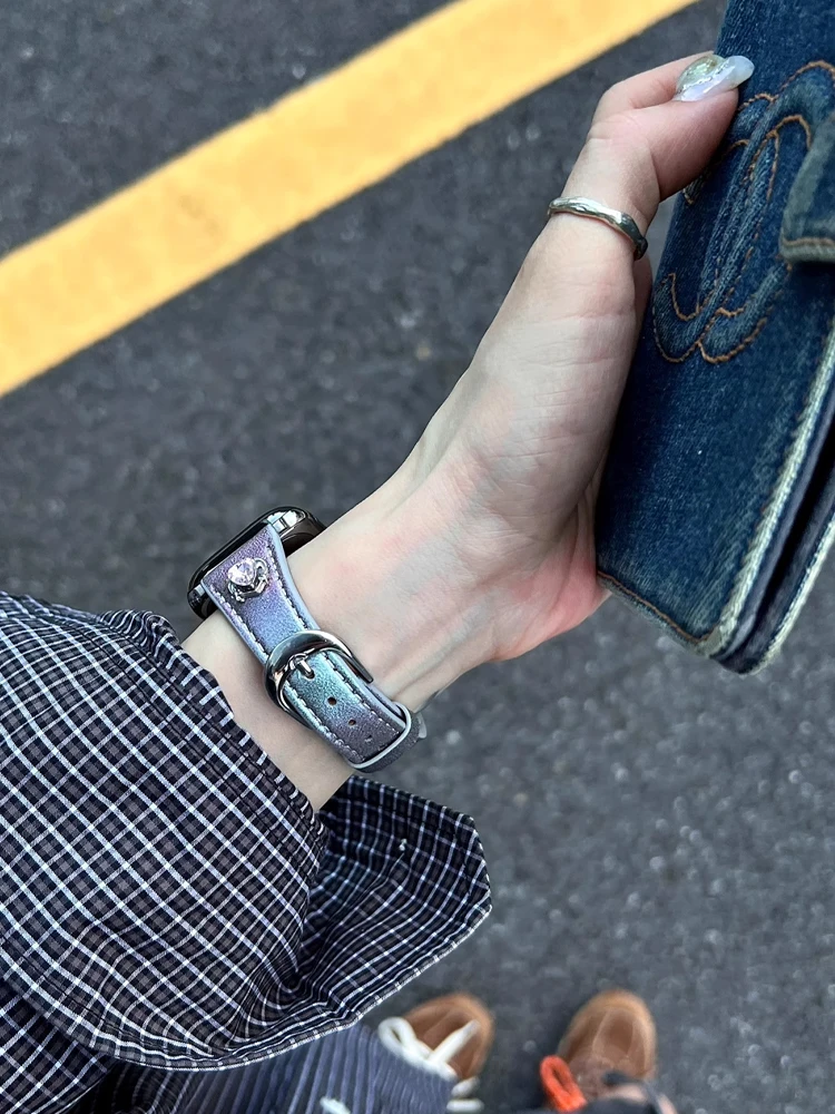 Gradient Leather Band For Apple Watch 38mm 40mm 41 42mm 45mm 46 49mm Woman Slim Bracelet Strap For iWatch Ultra 2 9 8 7 SE 6 5 4