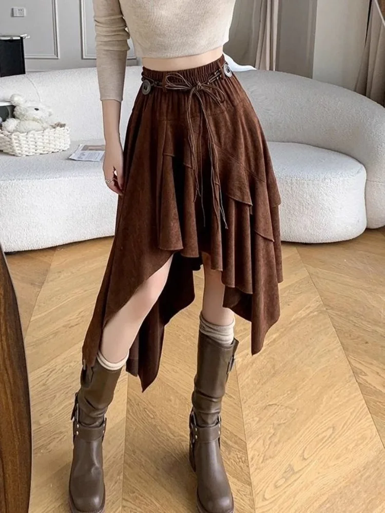 

Vintage Irregular Ruffle Autumn Skirt Puff Skirts A-line Midi Women Streetwear High-waist Y2k Skirt Design Clothing Trendy