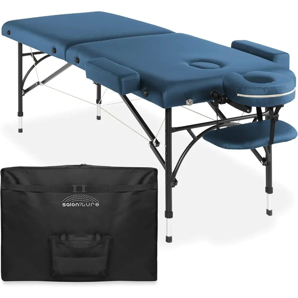 Professional Portable Lightweight Bi-Fold Massage Table with Aluminum Legs - Includes Headrest, Face Cradle