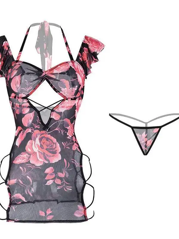 Sexy vrouwen Jurk Elegante See-through Hollow Out Bodycon Jurk Rose Print Tie Slaap Jurk T-shirts Mini jurk Tops 7VFB