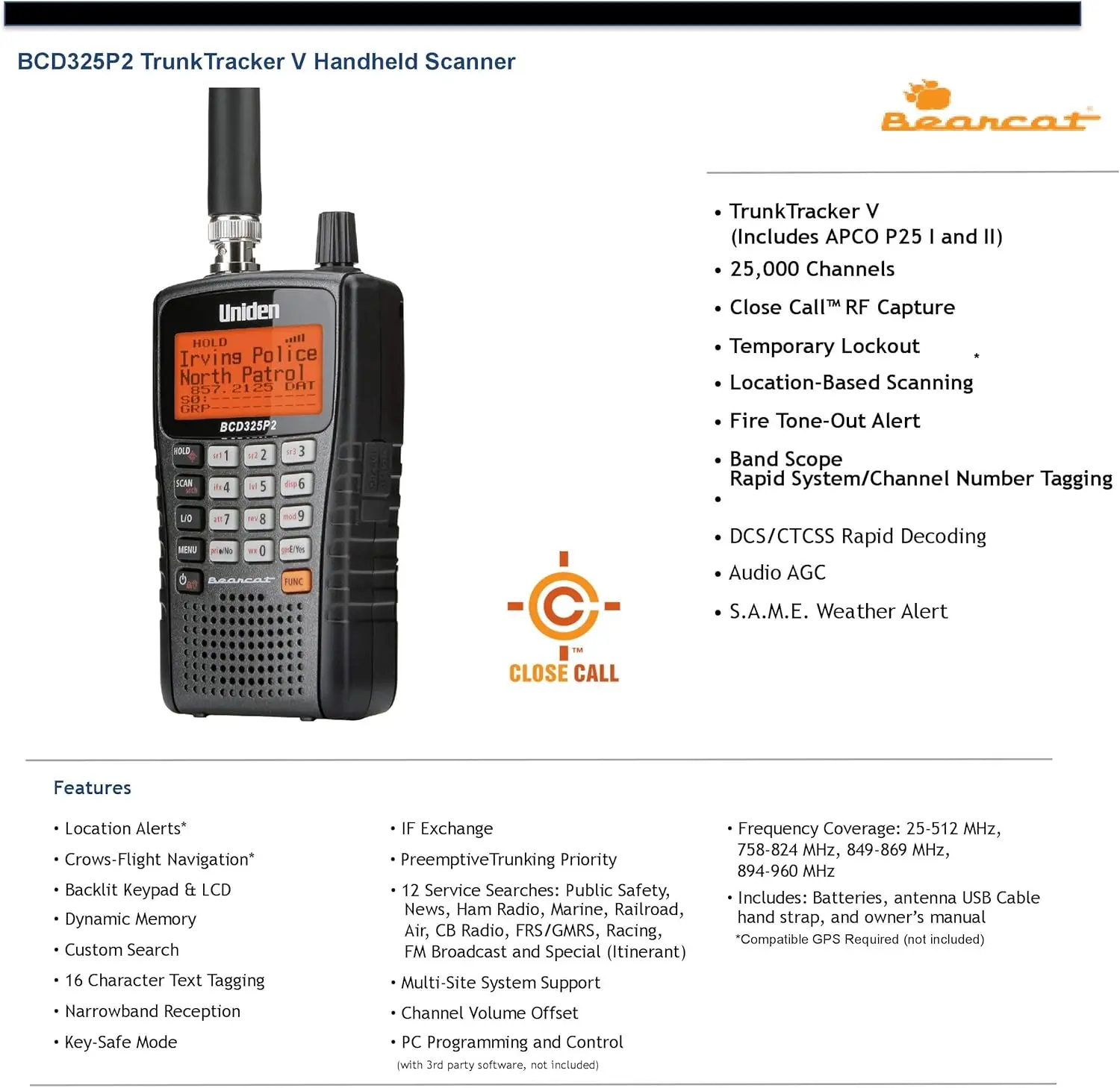 Bcd325p2 Handheld Trunktracker V Scanner. 25,000 Dynamisch Toegewezen Kanalen. Close Call Rf Capture-Technologie.