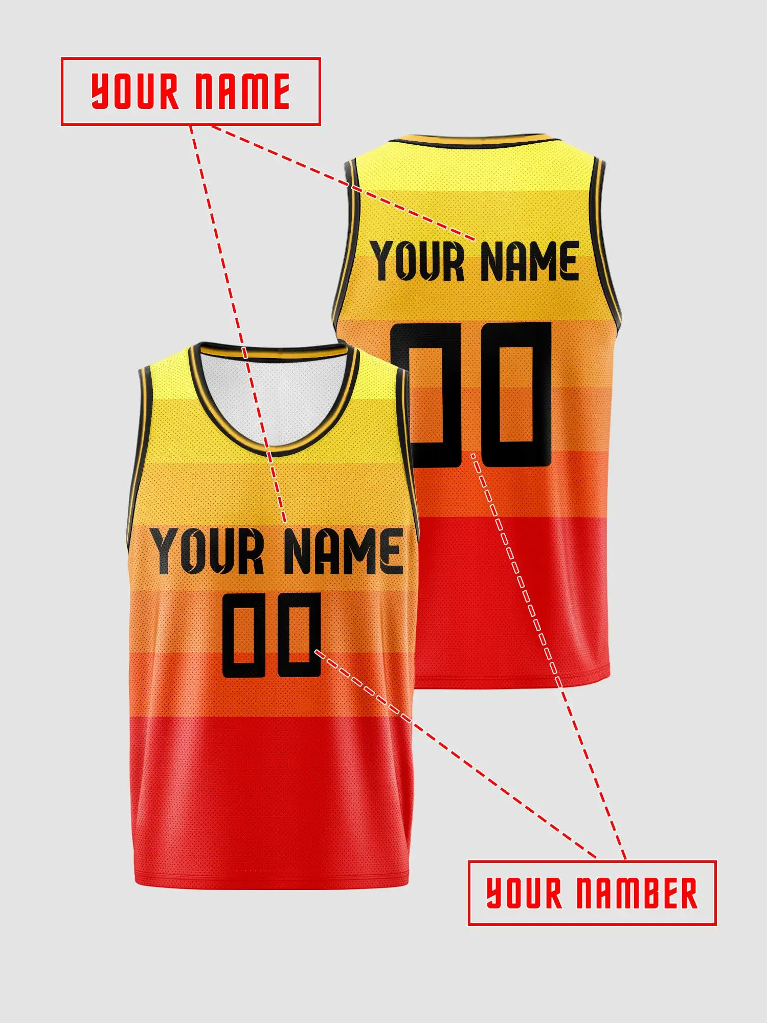 Yellow‑Orange‑Red Gradient Custom Basketball Jersey, DIY Name Number, Breathable Quick‑Dry Set for Adults & Kids