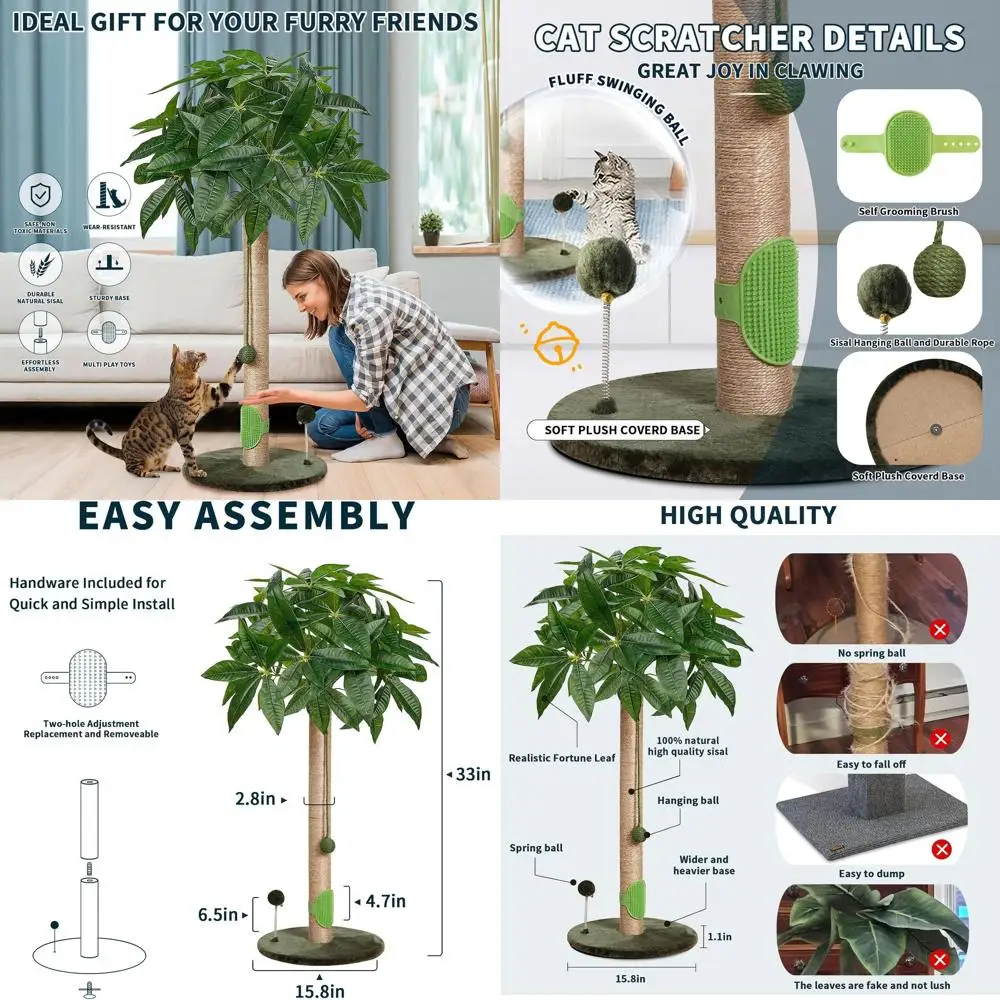 

33 High Sisal Rope Scratching Post with Interactive Ball and Groomer for Cats