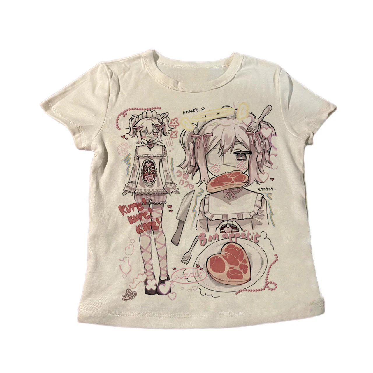Yami Kawaii Anime Mädchen T-Shirt Damen Gothic Harajuku Bon Appetit Aufdruck Kurzarm T-Shirt Lässiges Sommer Damen Grafik-T-Shirt Top – Detail 3