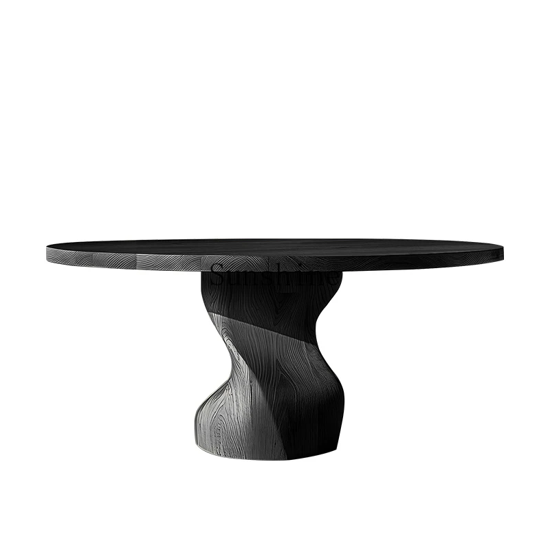 

Italian minimalist round black solid wood special-shaped wabi-sabi family dining table and chair combination