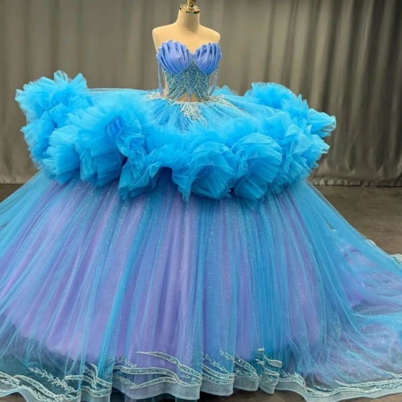 فساتين Quinceanera زرقاء لامعة قبالة الكتف زين الديكور كريستال مشد المتدرج تول القوس حفلة عيد ميلاد الحلو 16 فستان