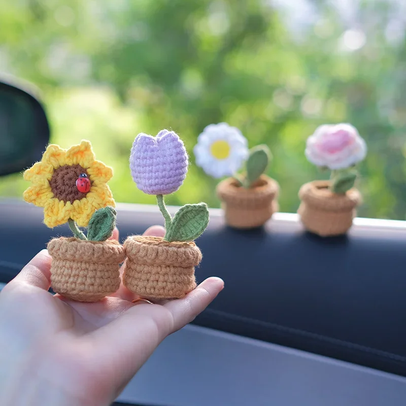 1PC Handmade knitting DIY mini potted plant Car centre console crochet wool sunflower decorations ornaments Interior Accessories