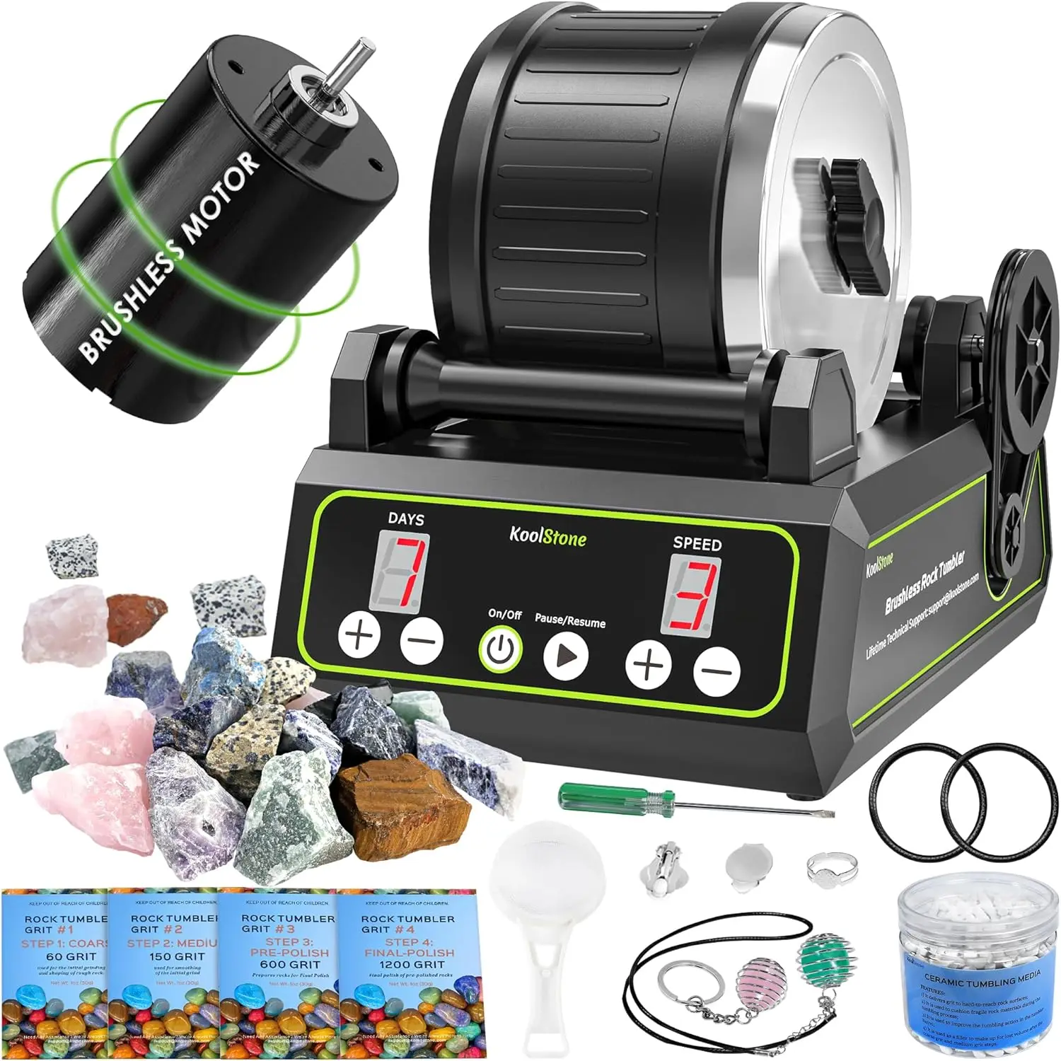 

Professional Brushless Rock Tumbler Kit - 2.5LB Capacity, Ultra Durable Motor, Quiet Operation with Full Accessories & Timer