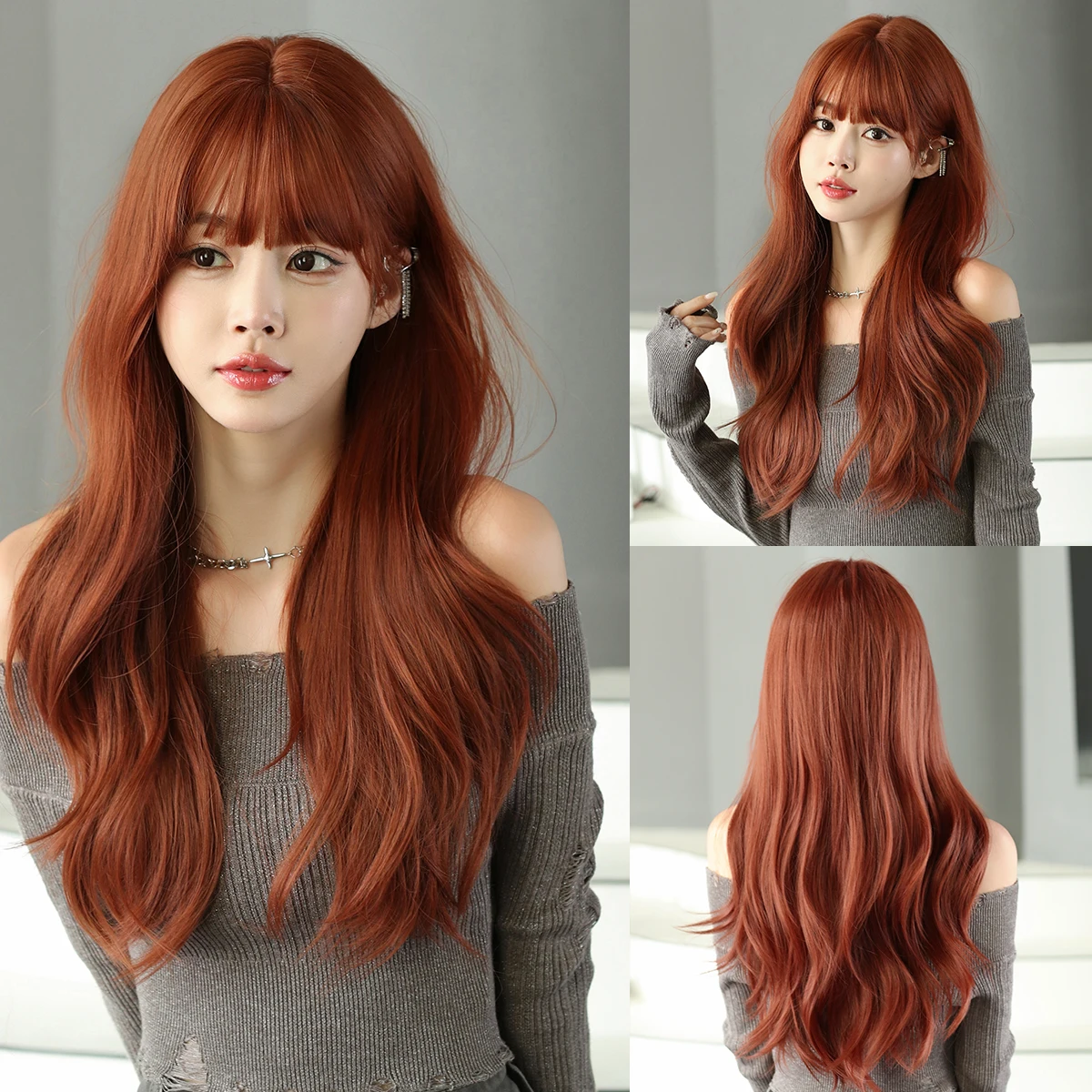 NAMM Deep Orange Long Wavy Wig For Woman Daily Party Cosplay Middle Part Natural Synthetic Wig Heat Resistant Fiber