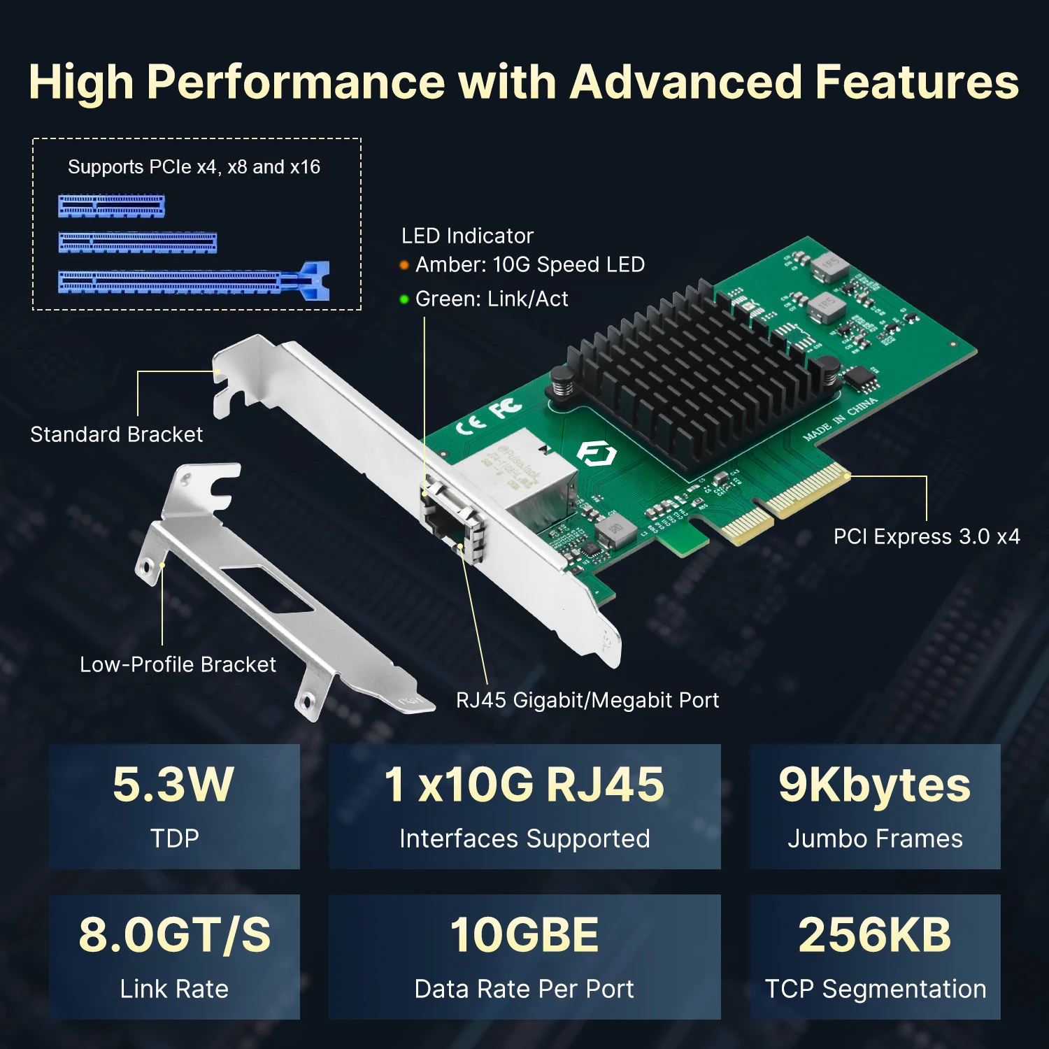 10G Network Card AQC107 Chip 10Gbps RJ45 PCIe Card 3.0 x4 10G/5G/2.5G/1G/100M 5-Speed Multi-Gig Ethernet Adapter for Server/PC