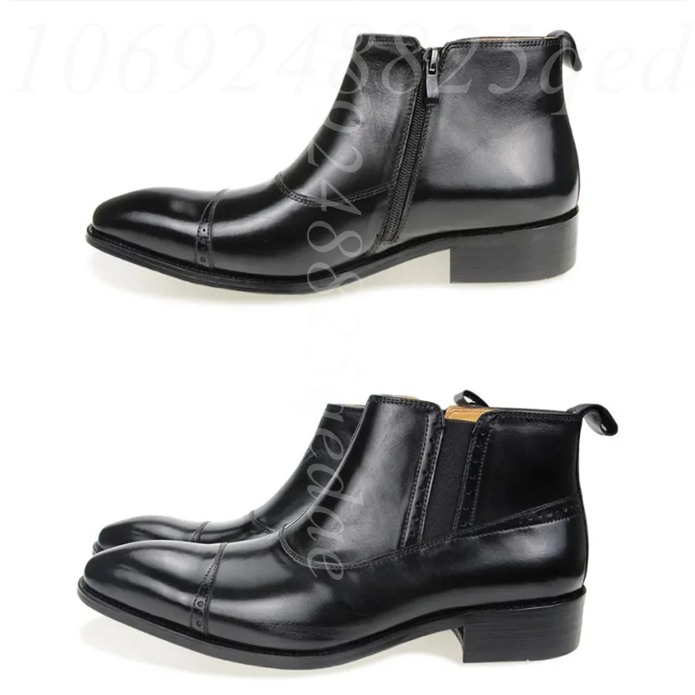 

Men's Matte Leather Cap-Toe Ankle Boots with Side Zipper & Brogue Details – Formal Dress Black Brown Boots for Men Dress Shoes