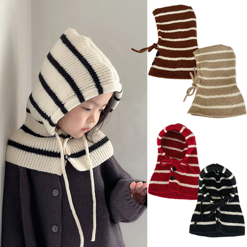 

2in1 Kids Winter One-Piece Hat Scarf Striped Knitted Windproof Neck Warm Beanie for Boys Girls