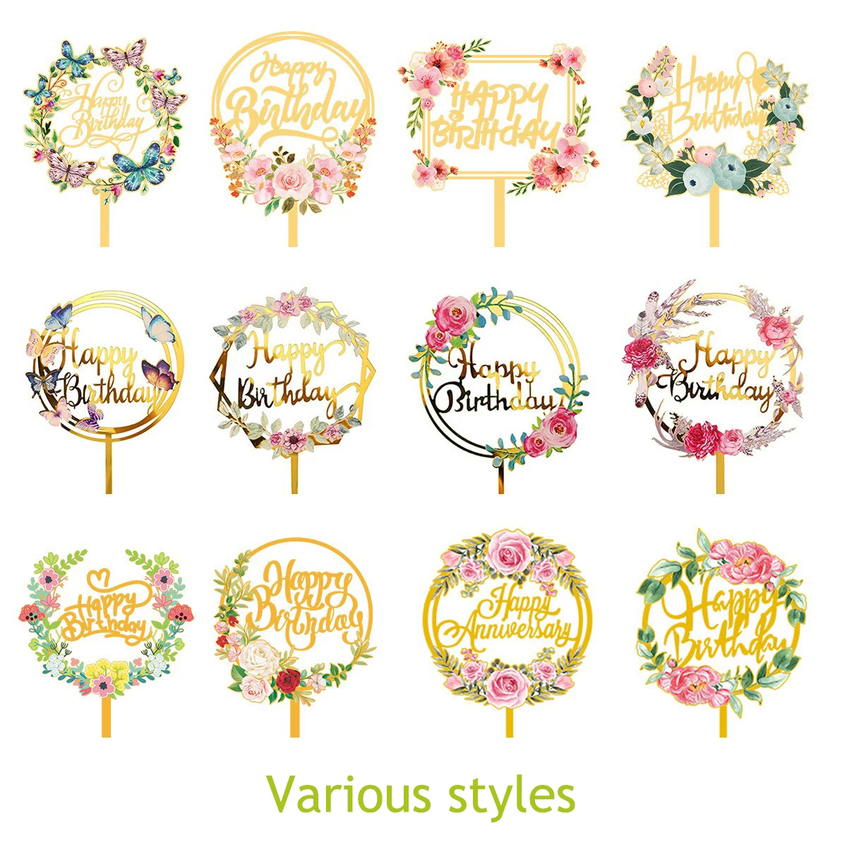 Ins Style Flower Color Printing Happy Birthday Card Insert Decoration Dessert Birthday Cake Bread Birthday Photo Shooting Props