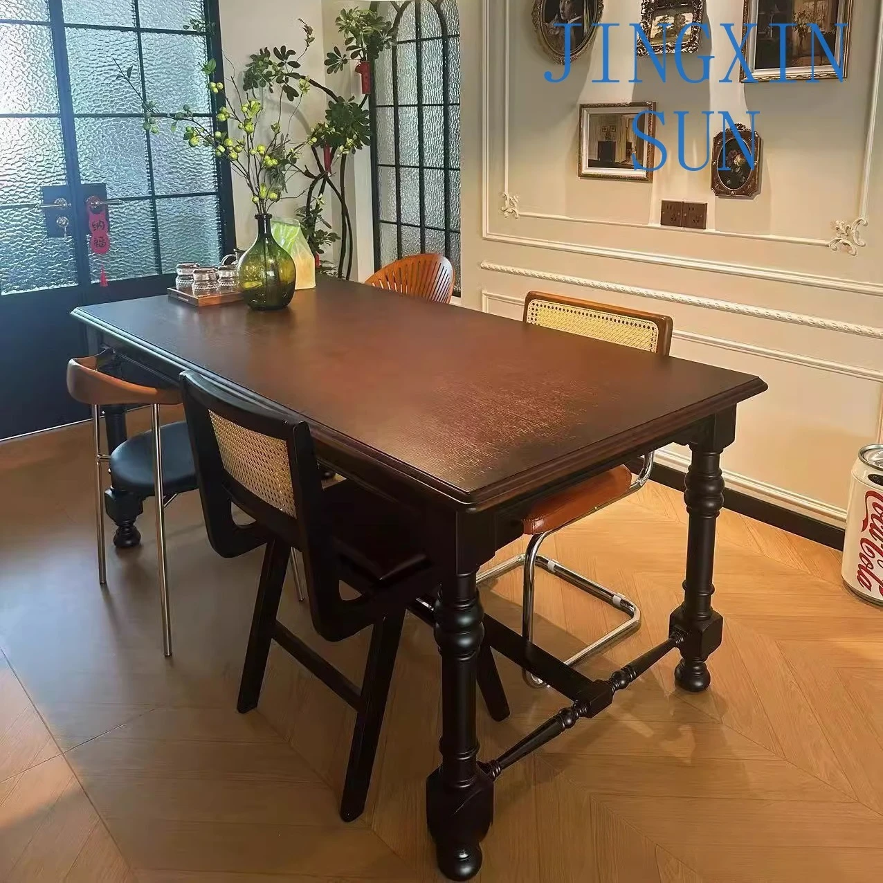 Solid wood dining table medieval black Nanyang style retro home long table country villa rectangular dining table