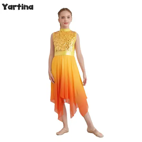 Kids Girls Liturgical Worship Praise Ballet Lyrical Dance Tunic Dresses Sequins Gymnastics Lyrical Contemporary Dance Costume