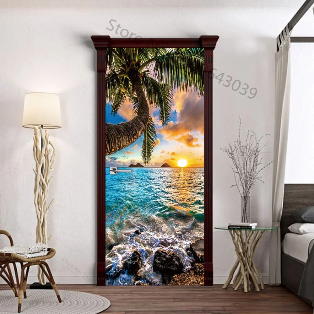 Sunset At Dusk Lake Door Stickers adesivo da spiaggia decorazione murale carta da parati 3D Poster Room Decor estetico bagno deursticker