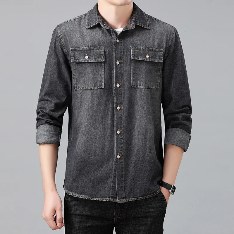 Big Size L-8XL Men's Long Sleeve Denim Shirts Slim Fit Cotton Autumn Casual Cargo Shirts for Male Solid Color Fashion Black Blue