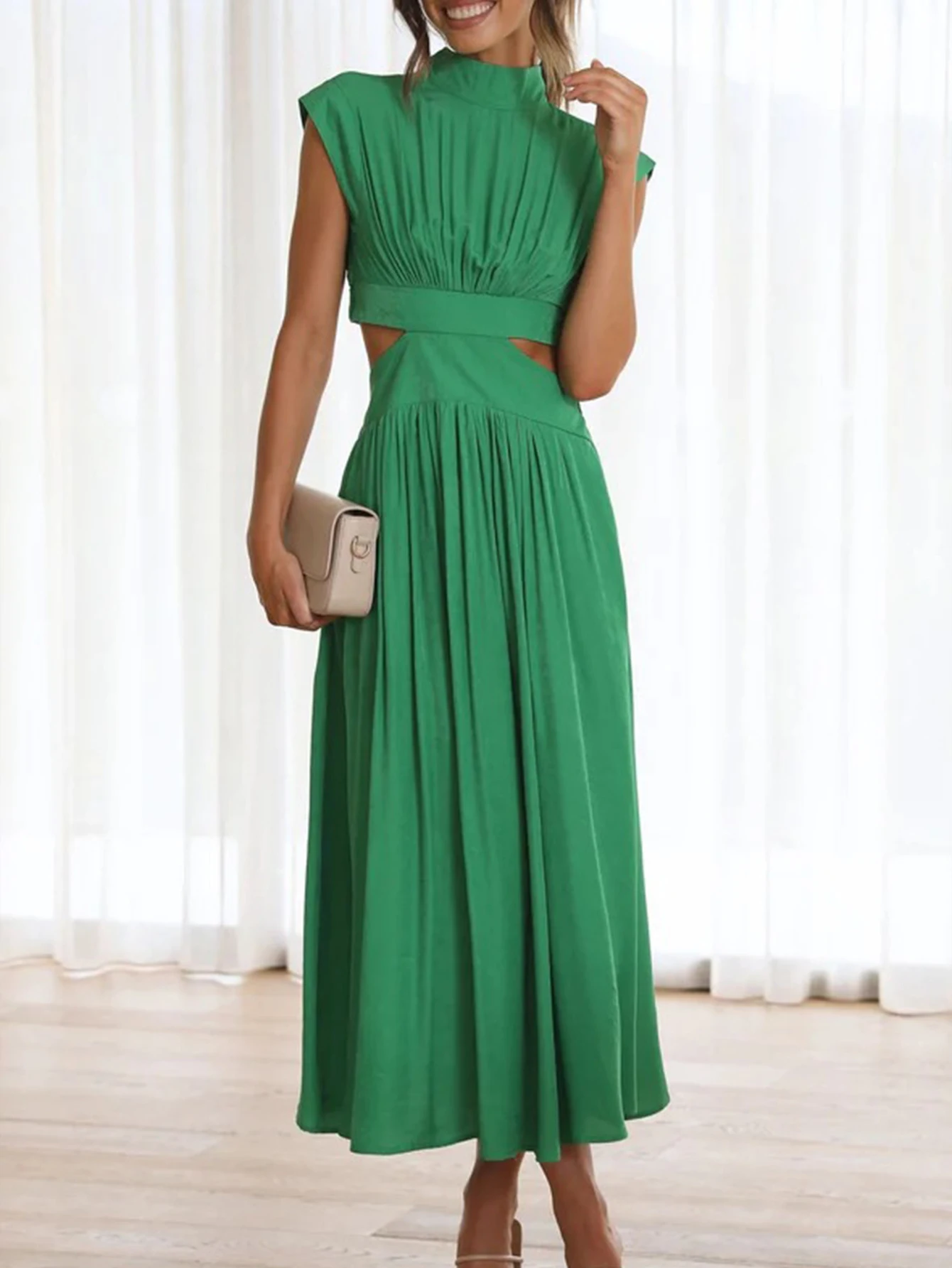 Vestidos largos de otoño para mujer, corte entallado, Color sólido, manga casquillo, cuello levantado, vestido midi de cambio para vacaciones