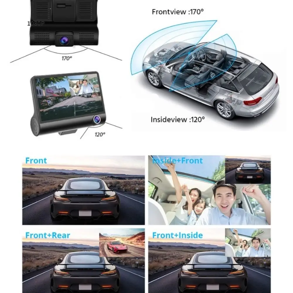 

Новая видеорегистратор 1080P с 3 объективами 170 ° Широкоугольный автомобильный видеорегистратор Full HD с G-сенсором, задняя камера для автомобиля